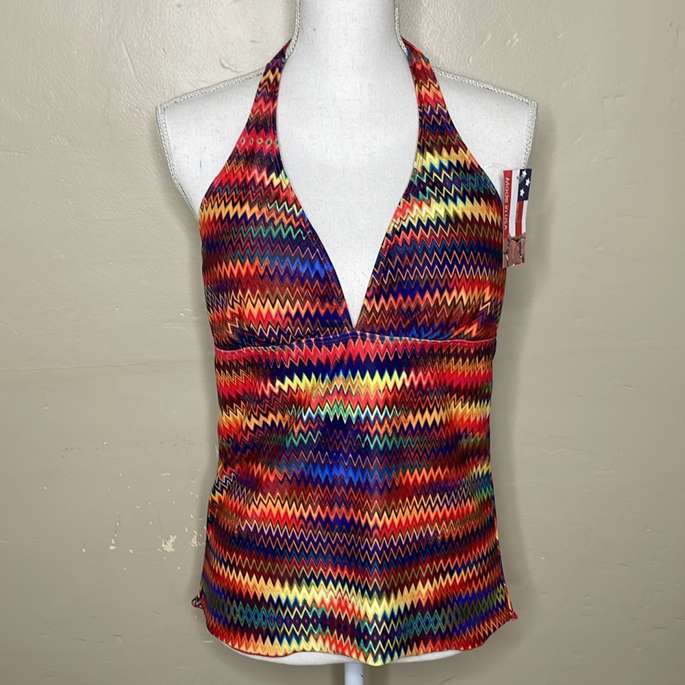 DIPPIN DAISY’S Swimsuit Top Halter Multicolor Chevron  Pattern Light Padding XL